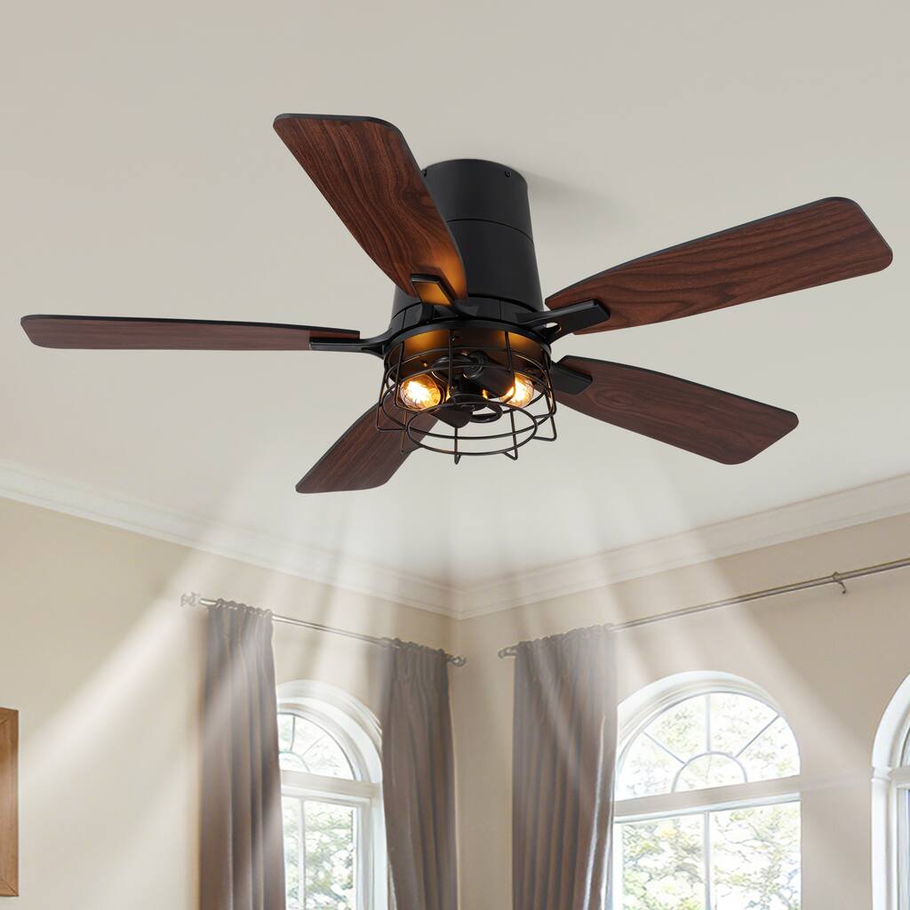 Modern Low Profile Small Caged Ceiling Fan with Light and Remote