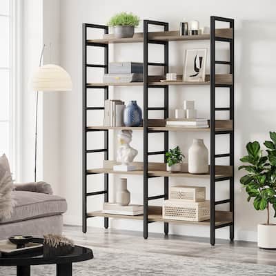 5-Tier Industrial Bookshelf, 71"H x 47"W Etagere Bookcase Free Standing Wide Book Shelf, Rustic Brown
