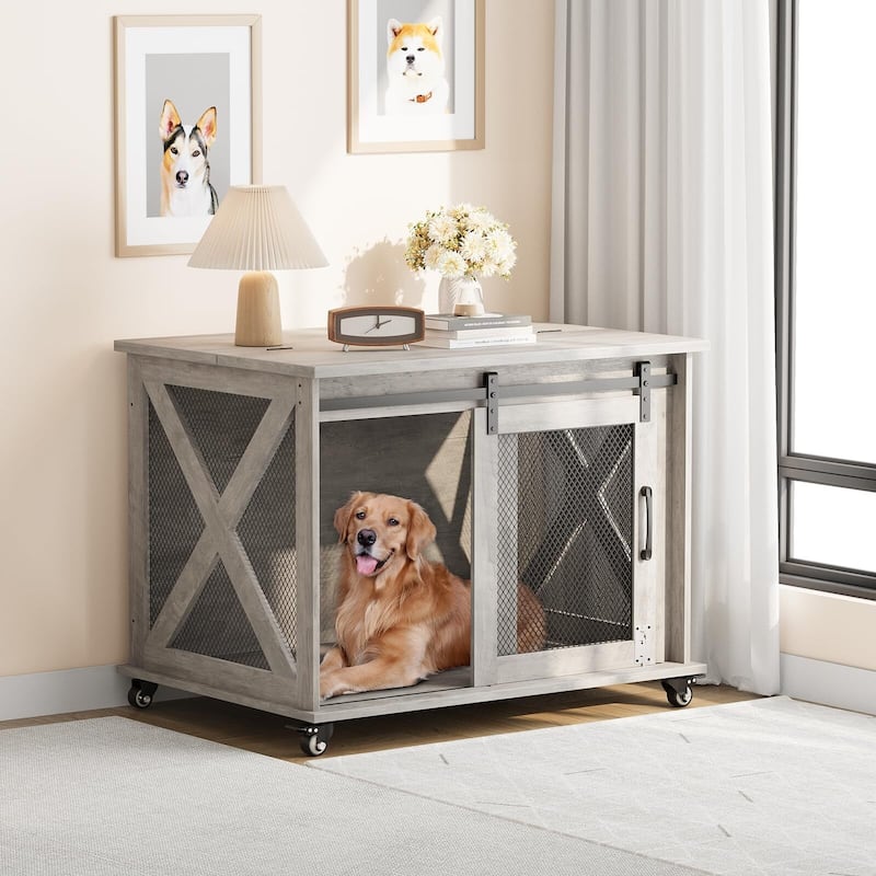 Dog Crate Furniture with Sliding Barn Door,Flip Top Furniture Style Dog Crate End Table with Wheels - Grey