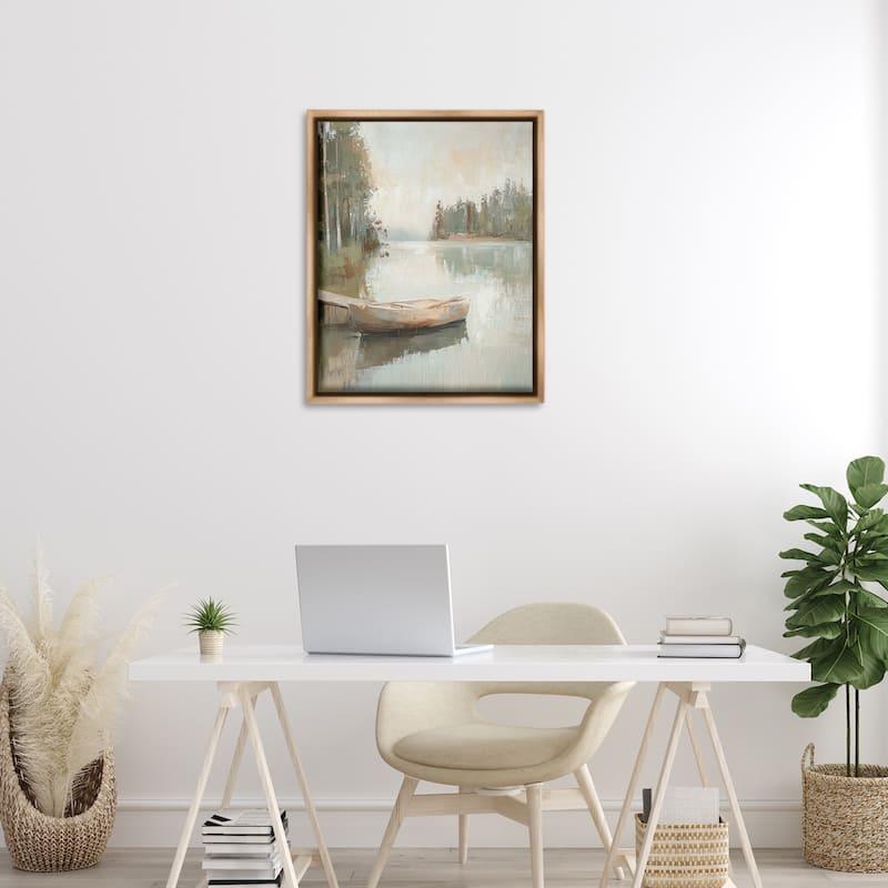 Stupell Canoe at Quiet Dock Framed Floater Canvas Wall Art Design By Petal Prints Design