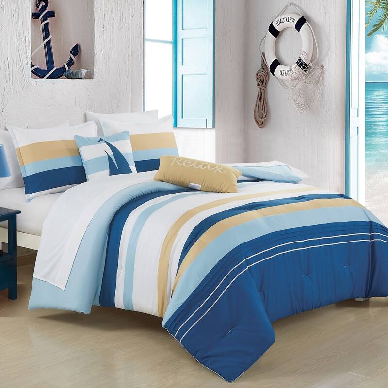 9 Piece Comforter Set Blue White Beige Striped Sea Life Marine Modern Embroidery Soft Bedding - King