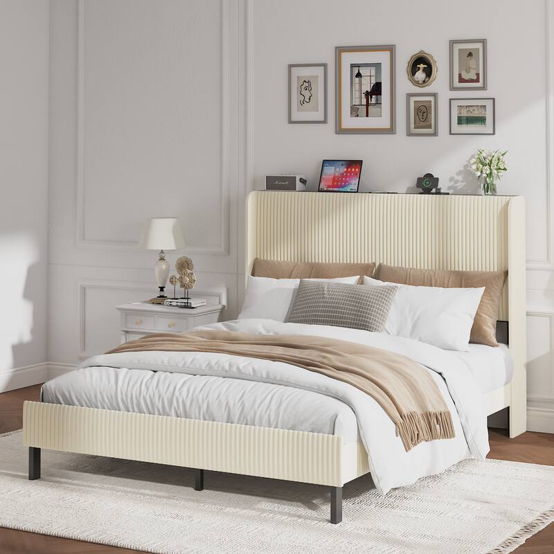 Roomfitters Metal Platform Bed Frame with Charging Station, Heavy Duty Mattress Foundation, No Box Spring Needed, Beige