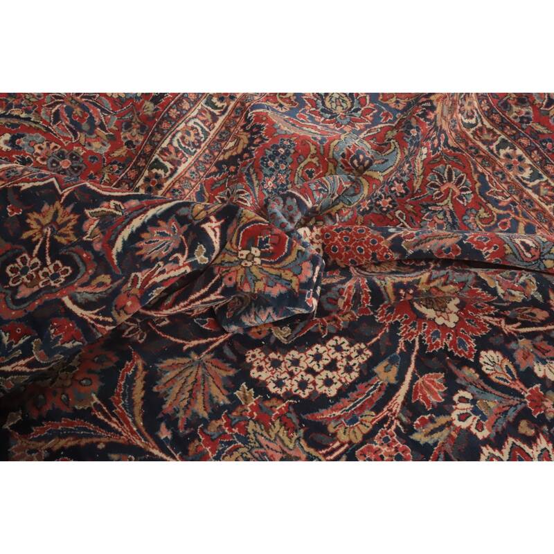 Hand Knotted Oriental 100% Wool Carpet Traditional Floral Navy Blue & Blues Kashan Area Rug - 14' 2'' X 10' 0''