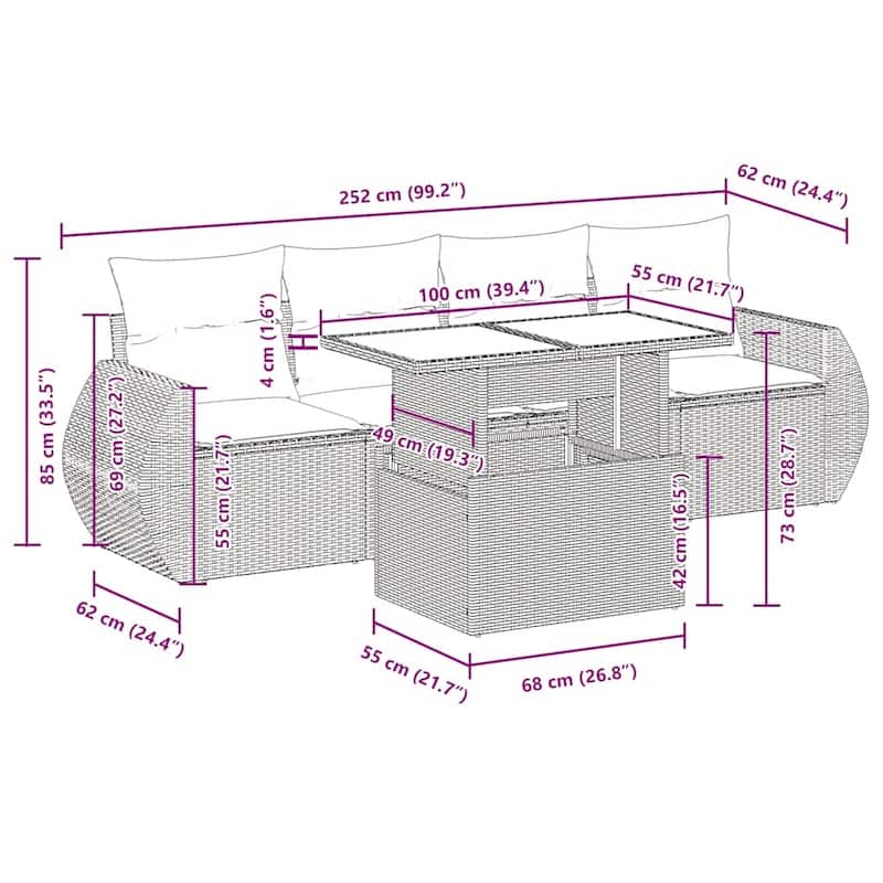 vidaXL Patio Sofa Set with Cushions Outdoor Furniture 5 Piece Poly Rattan - 21.7 x 39.4 x 28.7