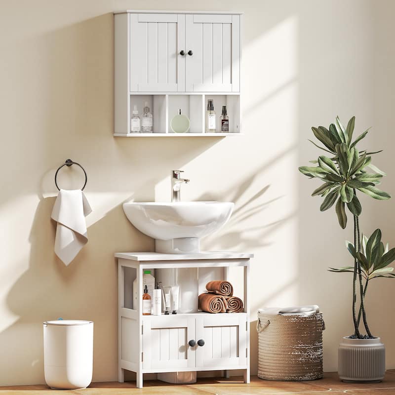 kleankin Pedestal Under Sink Cabinet with Double Doors, Modern Bathroom Vanity Storage Unit with Shelves, White