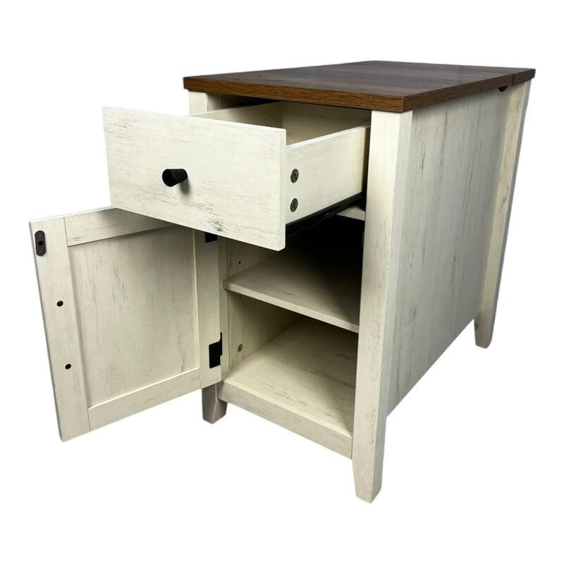 Farmhouse End Table with Charging Station,Night Stand with Barn Door and Drawer