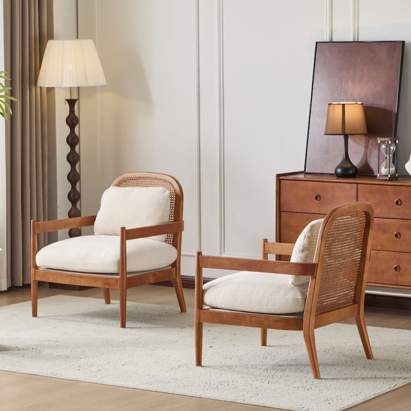 26.6" Solid Wood Accent Chair with Rattan Backrest, Cushioned Seat, Stylish Armchair for Living Room, Reading Nook, Set of 2 - Beige,Walnut