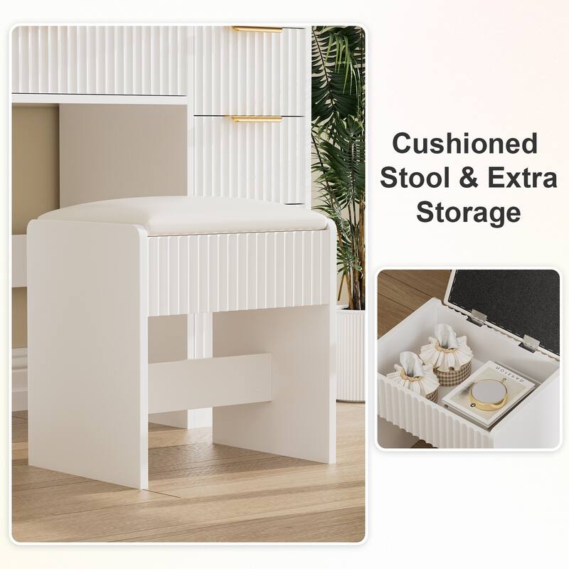 Transparent Tabletop Makeup Vanity Table / 2-Piece Vanity Desk and Stool Set with Charging Station