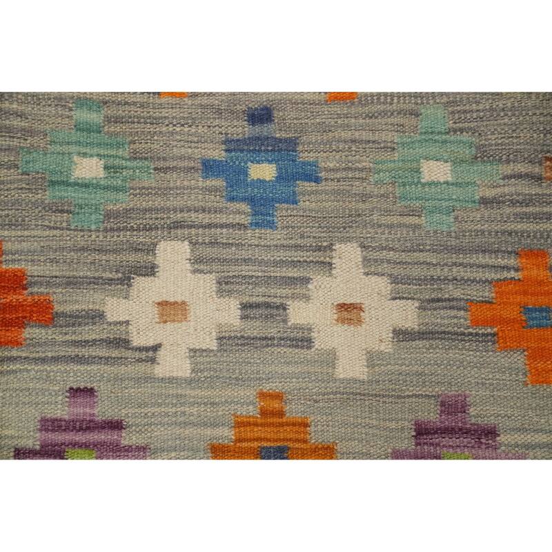 Hand Woven Oriental 100% Wool Carpet Southwestern Tribal Greys & Charcoal Kilim Area Rug - 6' 4'' X 2' 7''