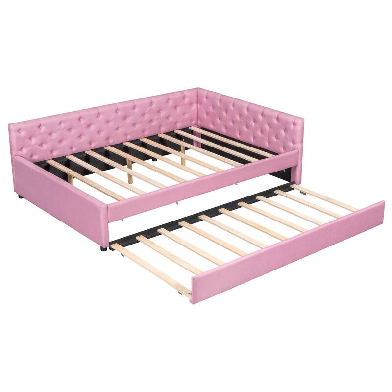 Full XL Size Upholstered Platform Bed Frame with Trundle, Elegant Tufted Button Design and Extra Sleeping Space for Bedroom