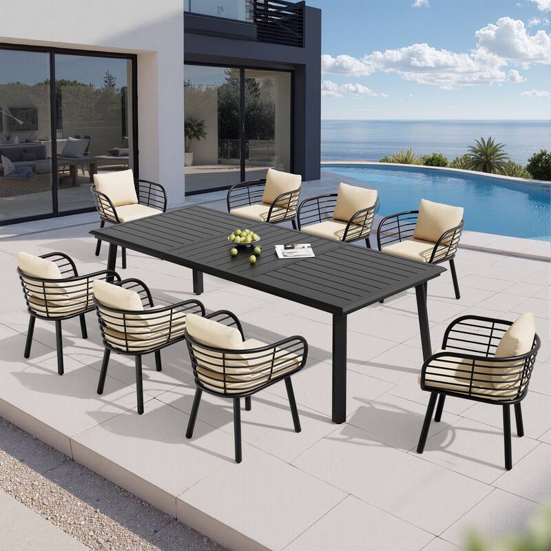 9-PC Outdoor Patio Aluminum Dining Set Table With Dining Chairs Sunbrella Seat&Back Cushions Umbrella Hole