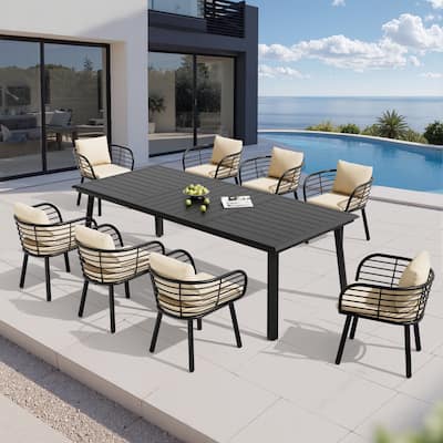 9-PC Outdoor Patio Aluminum Dining Set Table With Dining Chairs Sunbrella Seat&Back Cushions Umbrella Hole