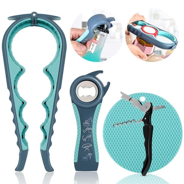 slide 2 of 7, Cheer Collection Jar Opener Kit Versatile 4 Piece Set for Easy Lid and Bottle Opening Blue