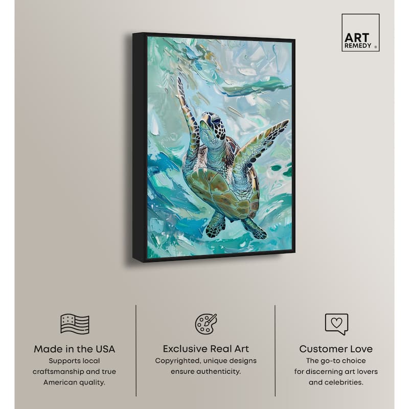 Art Remedy Serene Turtle Framed Colorful Coastal 1 Piece Canvas Wall Art