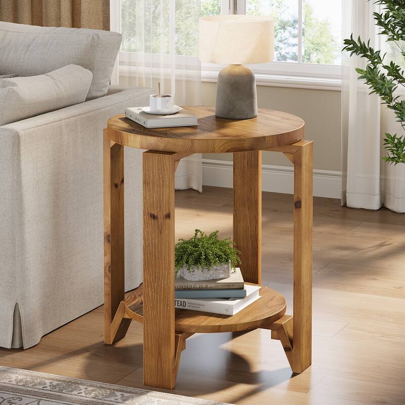Round Side Table with Storage, 2 Tier Solid Wood End Table for Living Room / Bedroom - 1-Piece