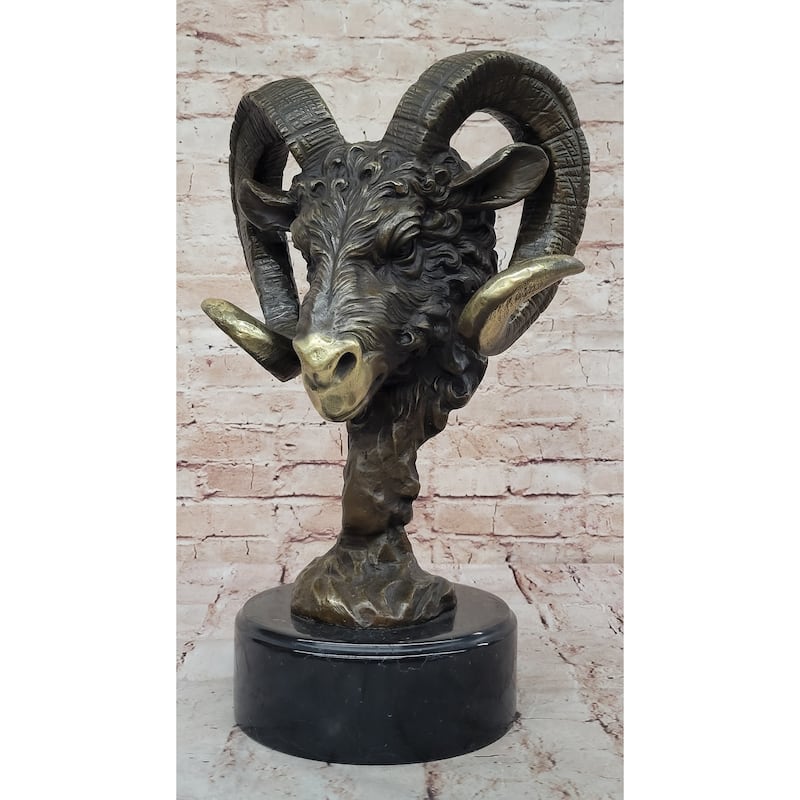 Rams Head Bust Bronze Metal Sculpture Statue On Marble Base Signed Original Art 17 Inches X 10 Inches