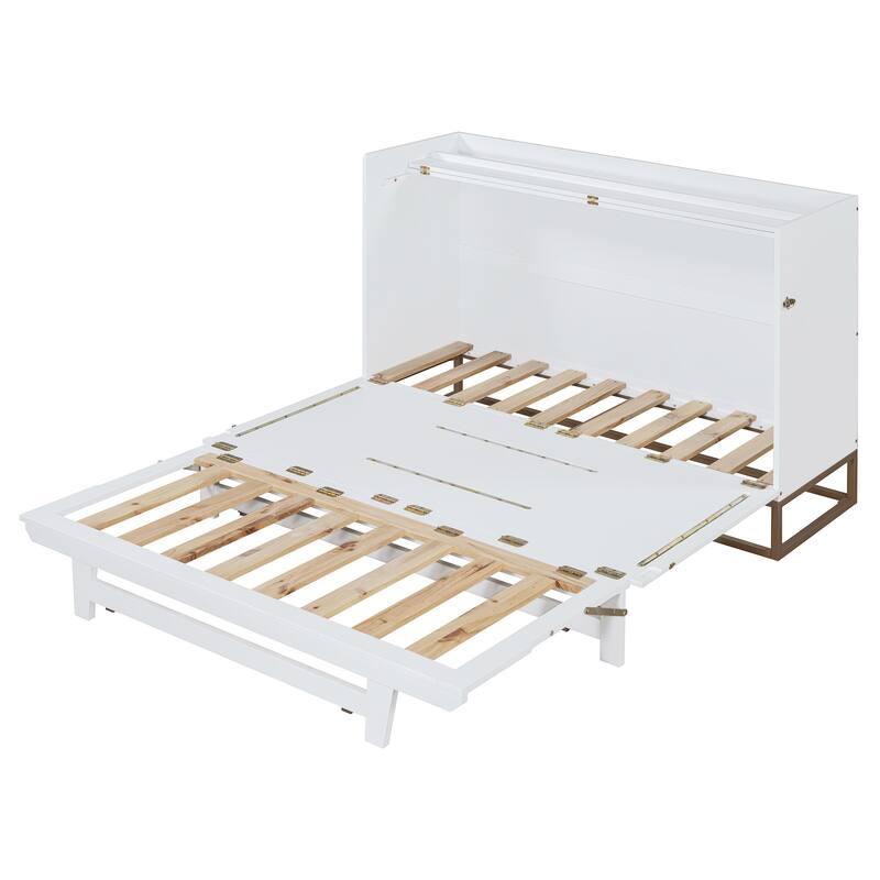 Queen Size Murphy Bed Wall Bed with Iron Legs, Modern Small Room Foldable Bed, Wooden Wall Bed Frame for Home Office