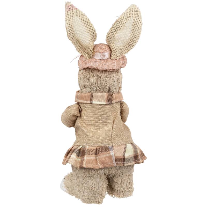 Girl Easter Rabbit Figurine with Plaid Dress - 12" - Beige