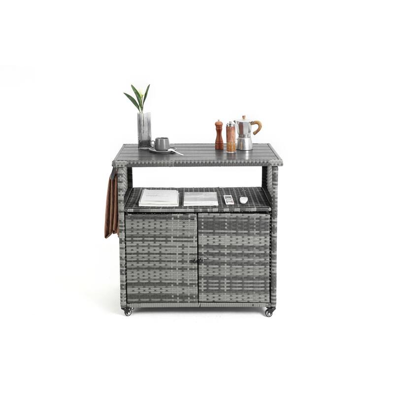 HOMEFUN Outdoor Wicker Bar Cart with Storage on Wheels