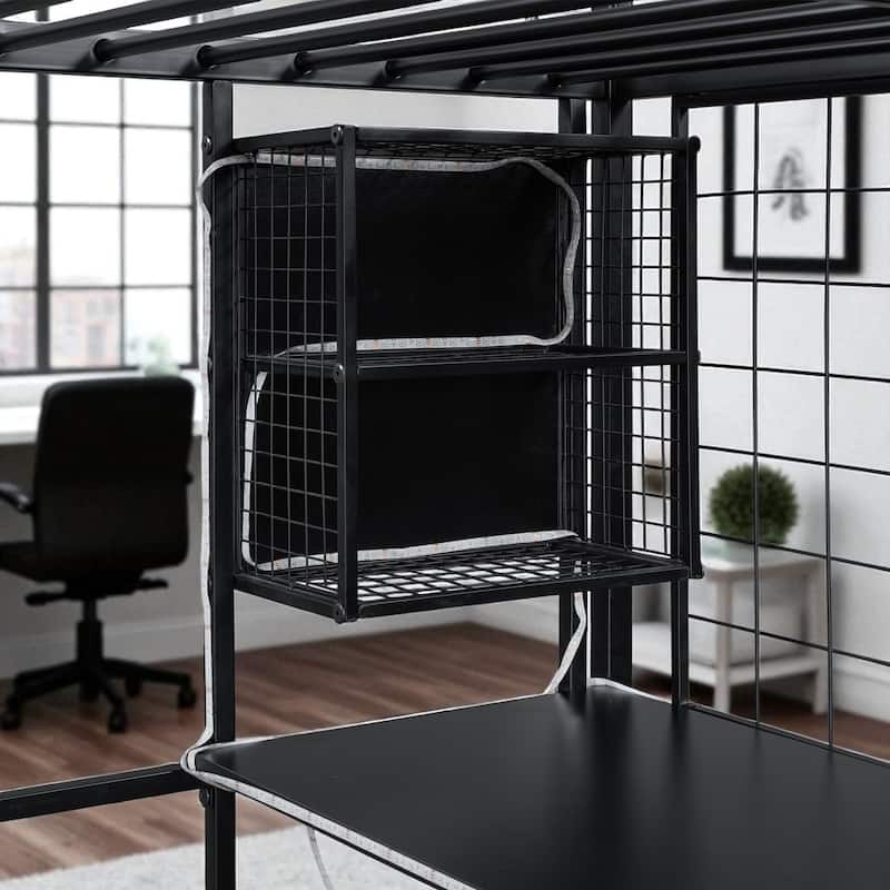 Full Size Metal Loft Bed with Desk, Wardrobe, Storage Staircase & LED Light - Space-Saving Workstation Bunk