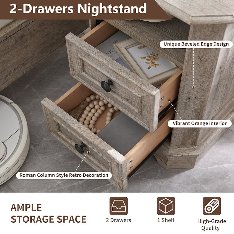 Farmhouse Nightstand Set of 2 with Charging Station, Beside Table