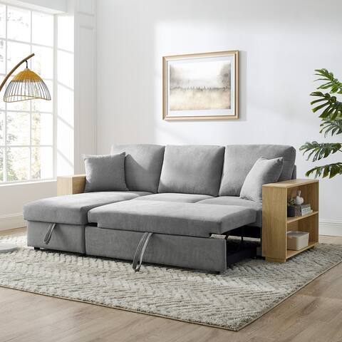 88" Convertible Sectional Sofa with Pulled Out Bed, 2 Seat Sofa and Reversible Storage Chaise with 2 Pillows, MDF Shelf Armrest