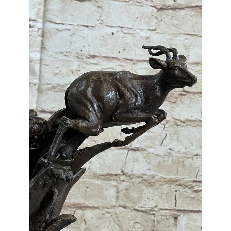 Bronze Statue Sculpture Of Lion Hunting Gazelle Impala Handmade Art Decor Safari