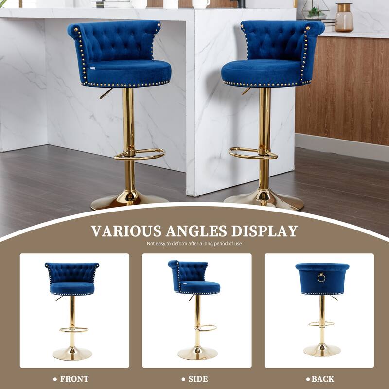 Velvet Upholstered Tufted Nailheads Swivel Adjustable Height Bar Stools With Golden Footrest(set