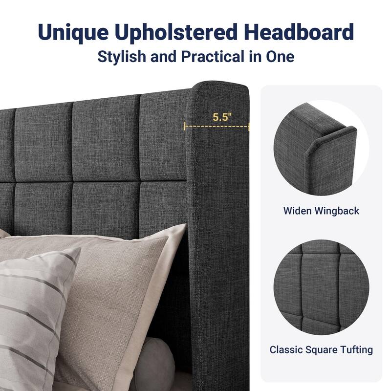 Queen Platform Bed Frame with Wingback, Fabric Upholstered Square Stitched Headboard and Wooden Slats, Mattress Foundation