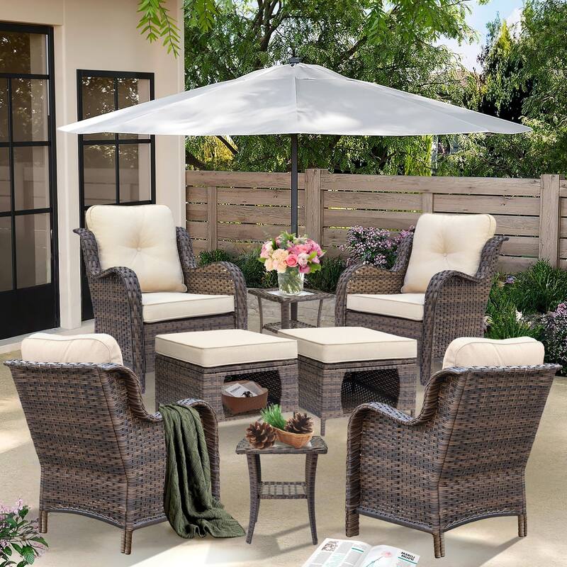 High Back Brown Wicker Outdoor Patio Conversation Seating Sets - 8 Piece - Beige