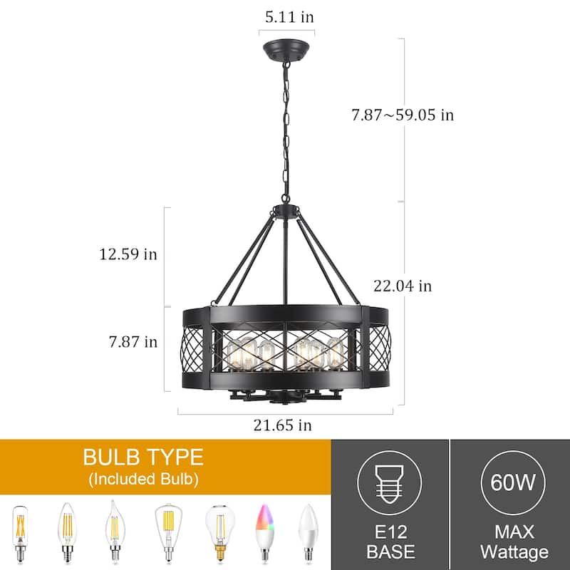 Drum Rustic Hanging Lights 6-Light Adjustable Farmhouse Chandelier Dining Room Light Fixture Kitchen Island Lighting - N/A
