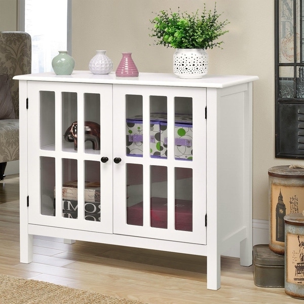 White Wood Sideboard Buffet Cabinet with Glass Panel Doors 32