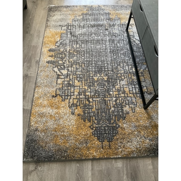 Grey & Yellow Abstract Art Area Rug Abani Rugs Laguna Collection Modern 4' x 6' Rectangle Accent Rug Contemporary Style 