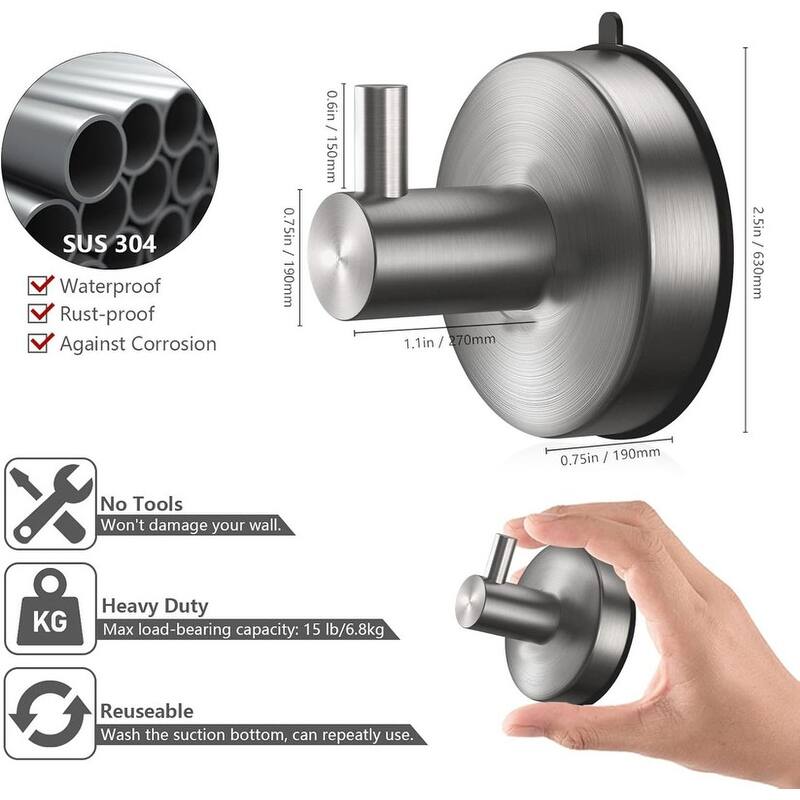 Bathroom Suction Cup Hooks 4 Piece Set 304 Stainless Steel 15lb Shower Hooks