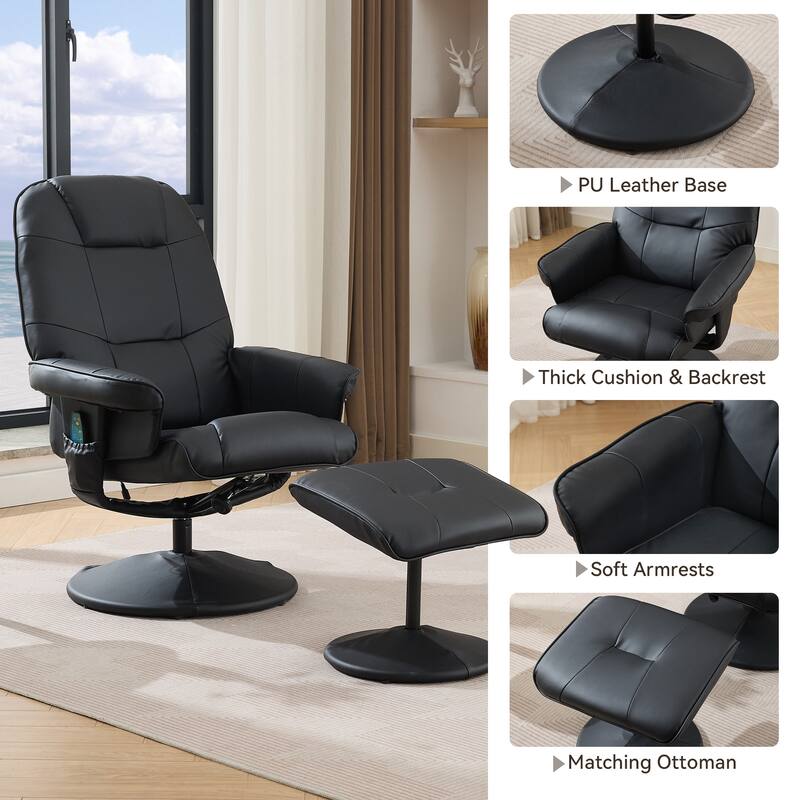 PU Leather 360° Swivel Massage Recliner Chair with Ottoman, Massage and Heated Seat, 140° Adjustable Backrest