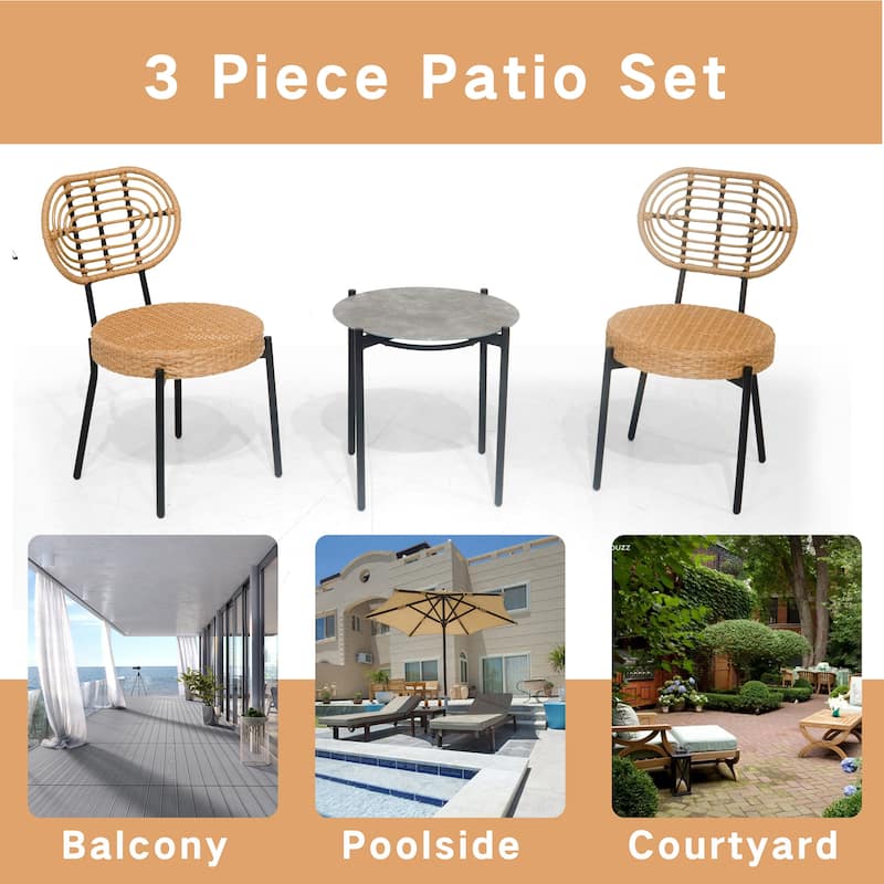 3 Pieces Of Outdoor Wicker Furniture,Patio Bistro Style Table And Chair,Weather-resistant PE Wicker Weave, Stainless Steel Fame