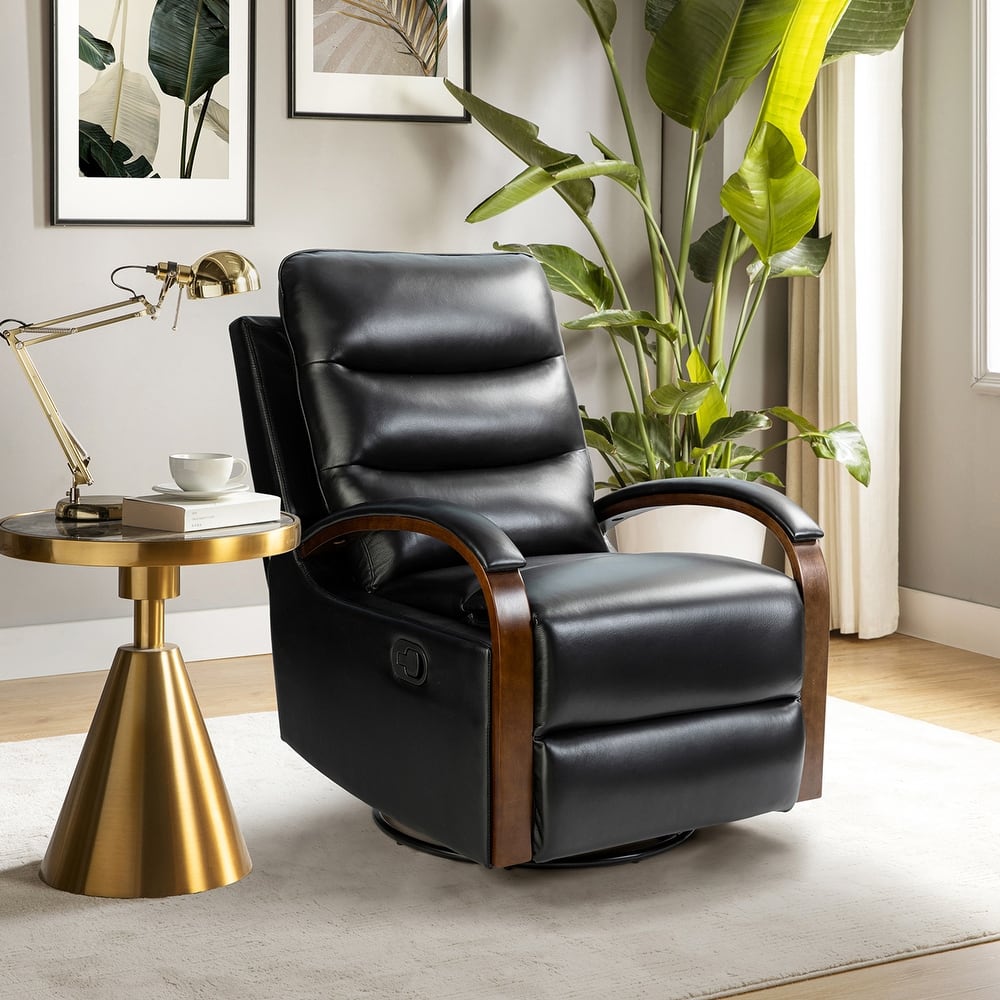 Leopold Modern Genuine Leather Swivel Rocking Manual Recliner Chair with Wooden Arm Accents by HULALA HOME