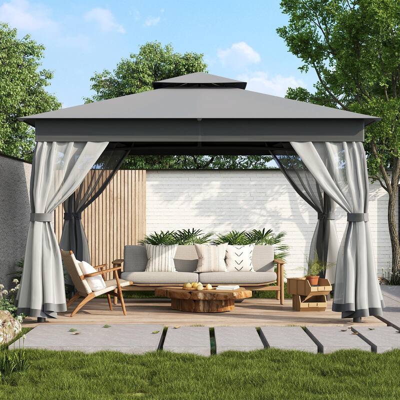 Outdoor Gazebo Tent with Double Roof, Mosquito Netting & Patio Canopy - Grey - 10 x 12