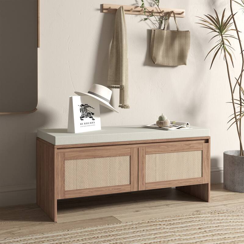 Rattan Storage Bench with Cushion,Shoe Cabinet with 2 Doors, Mid-Century Modern Wood Entryway Seat,Natural Finish
