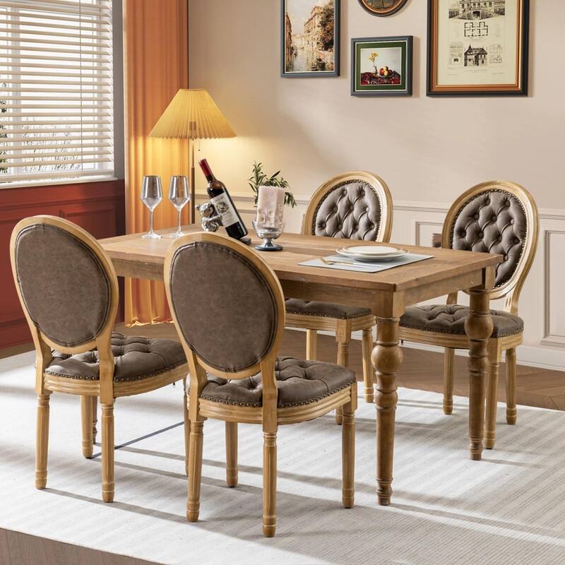 Upholstered French Style Nailhead Dining Chairs(Set of 4) - Brown Leather
