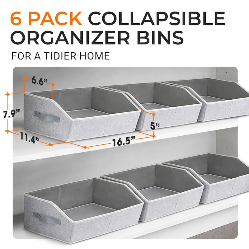 Cheer Collection 6 Pack Trapezoid Shelf Organizer Bins with Handles Light Gray