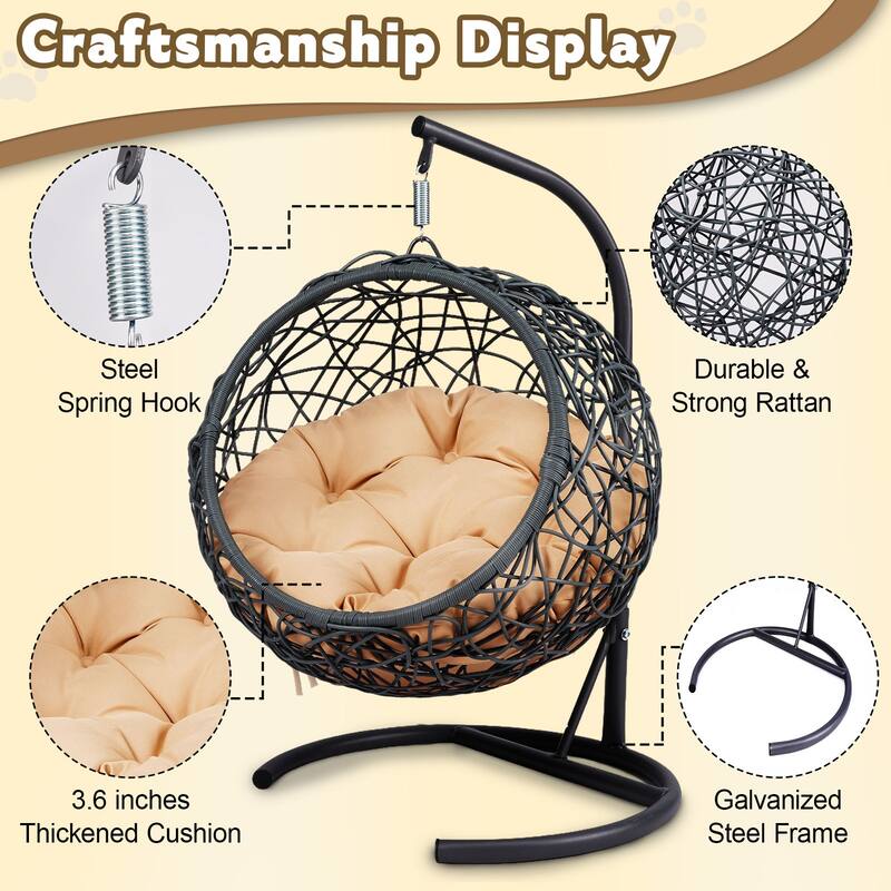 Modern Pet Hammock, Rattan Swing Bed with Stand & Removable Cushion, Gift for Cat/Dog Lovers, Space-Saving Indoor-Outdoor