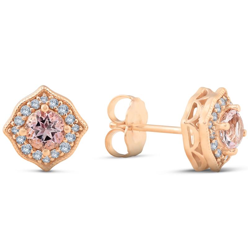 5/8ct Pink Topaz & Diamond Vintage Halo Studs Rose Gold