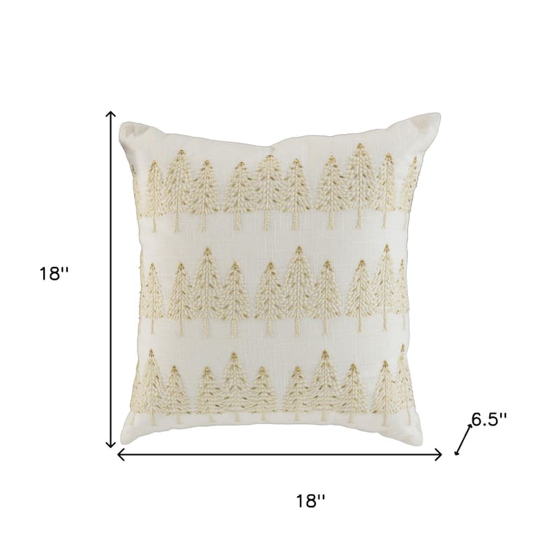 18" Ivory And Gold Cotton Christmas Trees Throw Pillow With Embroidery