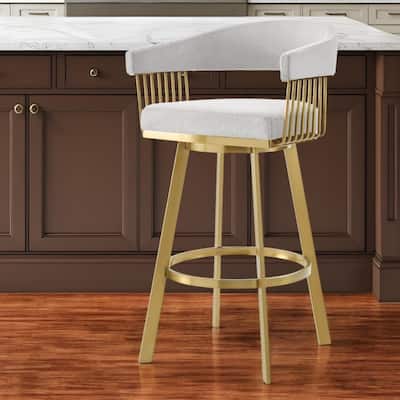 HomeRoots 26" Silver and Gold Fabric and Stainless Steel Low Back Counter Height Swivel Bar Chair