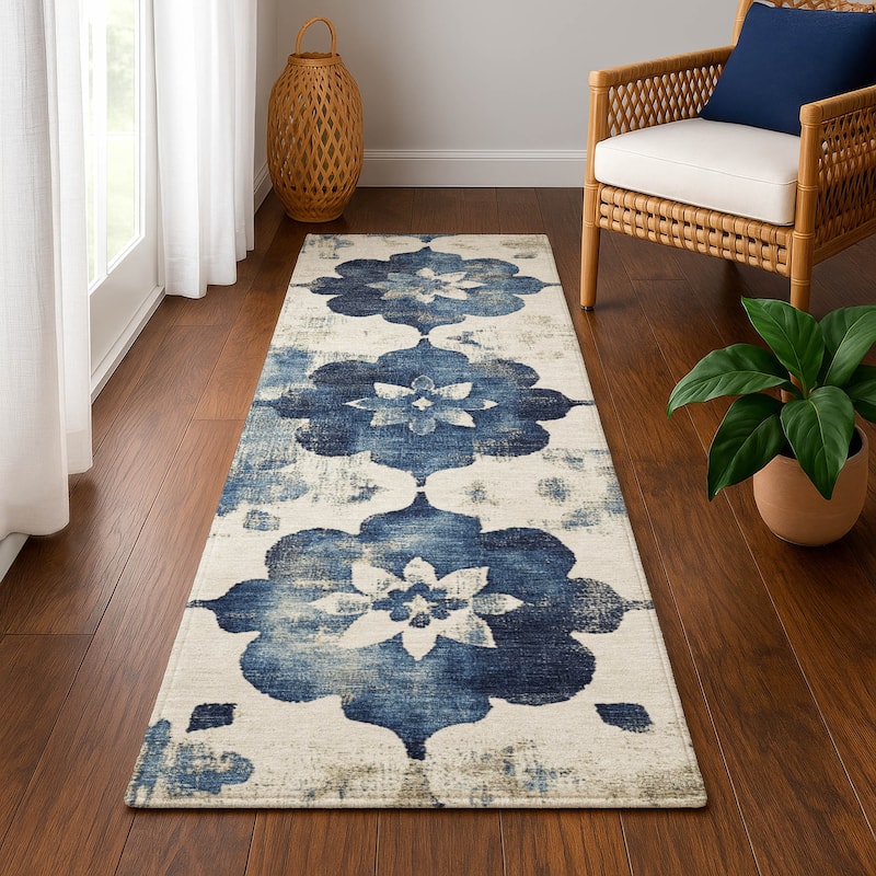 Premium Washable Super Soft Modern Floral Mayfield Rug - Navy - 2'3" x 7'6"