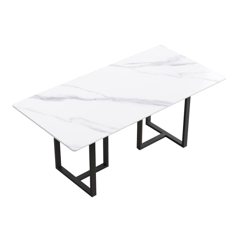 71" White Marble Dining Table for 6-8,Rectangular Tabletop and Triangular Carbon Steel Legs