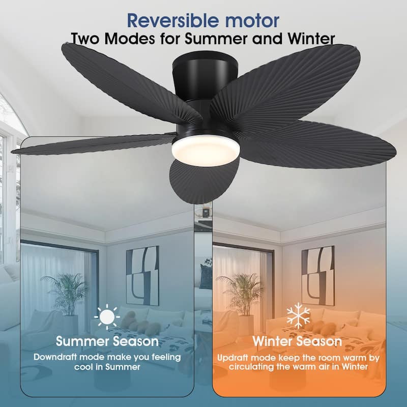 42 Inches Flush Mount Ceiling Fan with Light and Palm Leaf ,3CCT Dimmable LED Integrated,for Indoor and Outdoor - 42 Inches