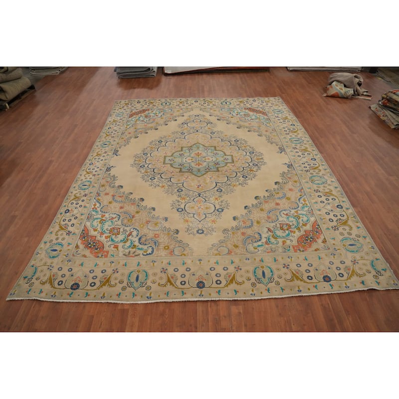 Hand Knotted Oriental 100% Wool Carpet Traditional Floral Beige & Ivories Tabriz Area Rug - 12' 3'' X 9' 10''