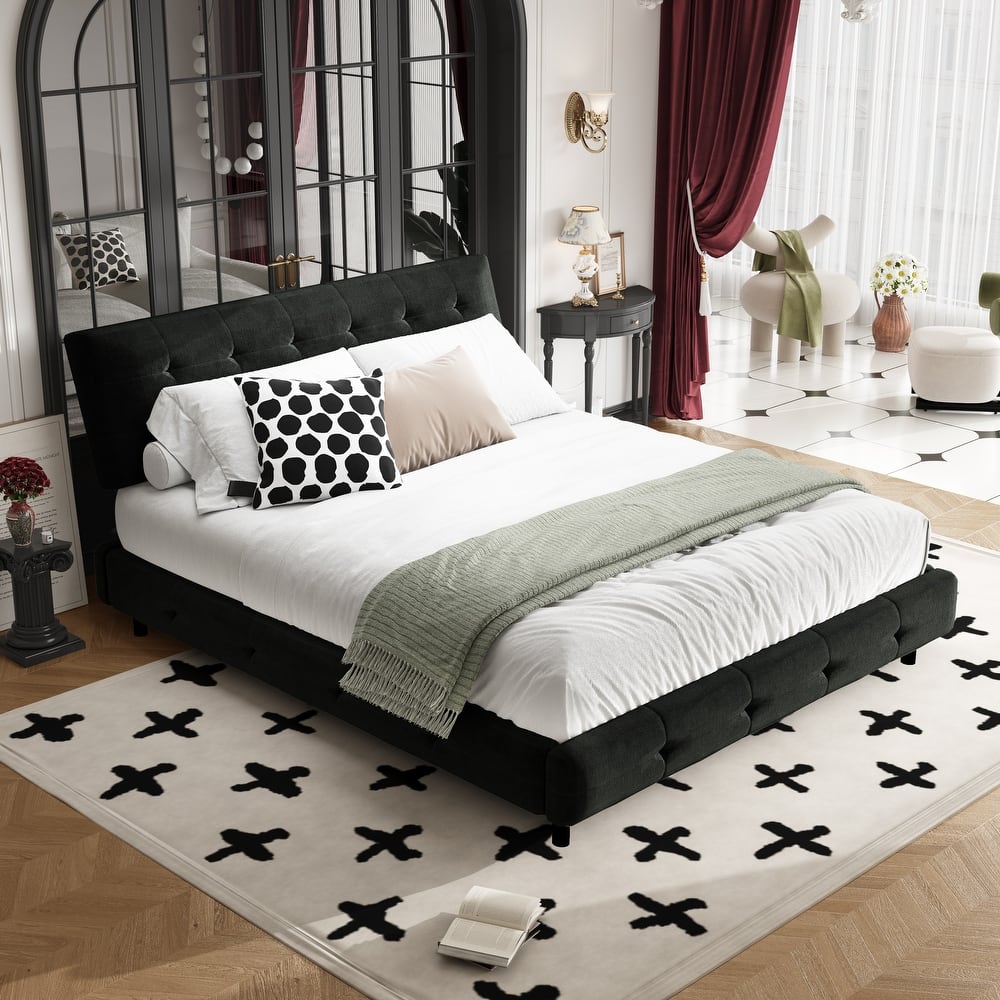 Chenille Upholstered Platform Bed with Tufted Headboard & Footboard, Modern Bed Frame with Metal & Wood Slats for Bedroom